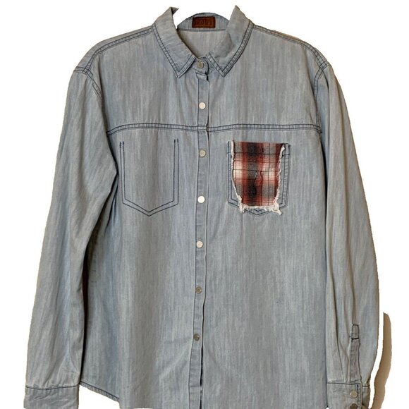 POL Women's Plaid Pocket Long Sleeve Snap Boho Western Denim Top Size S Blue - Picture 1 of 10